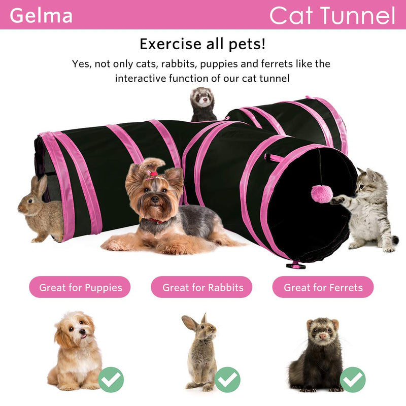 Gelma Cat Tunnel, Cat Tunnels for Indoor Cats, Tube Cat Toys 3 Way Collapsible, Kitty Tunnel Bored Cat Pet Toys Peek Hole Toy Ball Cat, Puppy Black & Pink - T Style Tunnel - PawsPlanet Australia