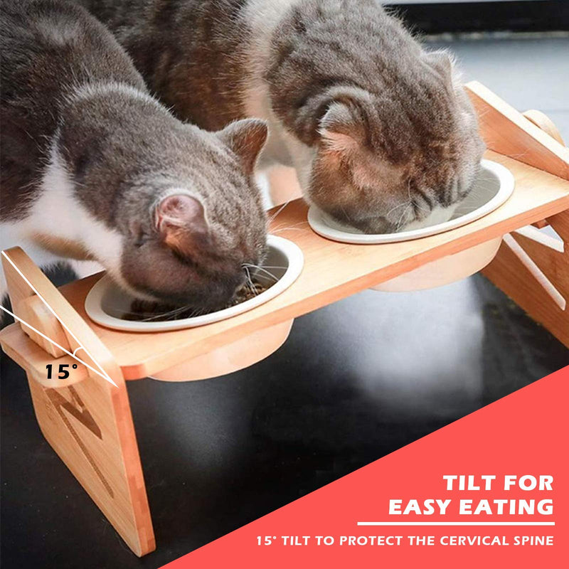 Adjustable Bamboo Raised Pet Bowl for Cats and Small Dogs, Elevated Feeder Stand with 2 Ceramic Bowls and Anti Slip Feet, Great Gift for Your Pet 5.5 x 5.5 x 14.2 inch - PawsPlanet Australia
