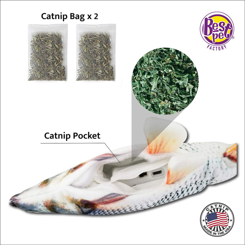 [Australia] - Interactive Cat Toy Plush Fish + 2 Catnip Bags - Realistic Fish Flop Moving Simulation, Electric Kicking, Scratching, Biting, Chewing, Teething Indoor Toy for Kittens-Robotic Motion, USB Rechargeable 