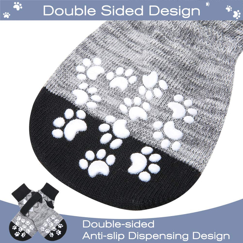 PUPTECK Double-Side Anti-Slip Dog Socks - 6 Pack Strong Traction Control for Indoor on Hardwood Floor with Adjustable Straps and Classic Rhombus Plaid Pattern, Puppy Pet Paw Protection S: length 5.9" foot width 2.15" Grey - PawsPlanet Australia