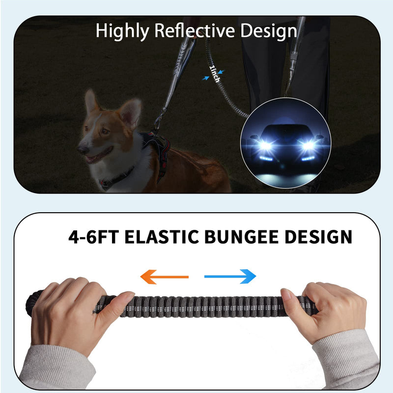 Tactical Highly Reflective Heavy Duty Dog Leash for Medium Large Dogs,4-in-1 No Pull Military Shock Absorbing Elastic Bungee Leashes with Car Seat Belt Buckle & Padded Training Traffic Handle Black - PawsPlanet Australia