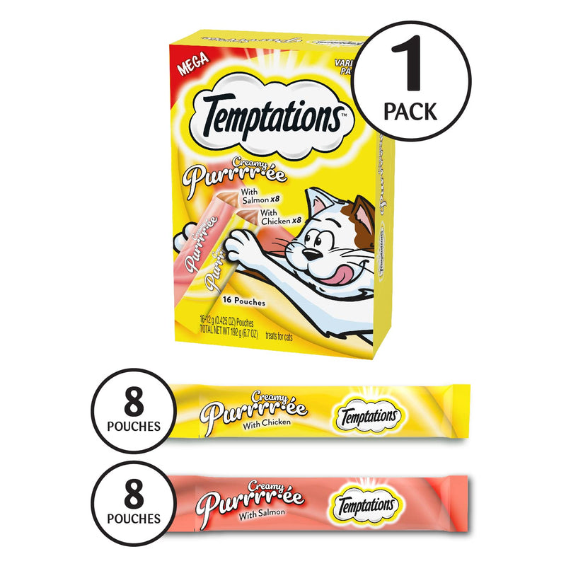 TEMPTATIONS Creamy Puree Salmon and Chicken Lickable Cat Treats Variety Pack, (16) 12g Pouches 0.425 Ounce (Pack of 16) Other - PawsPlanet Australia