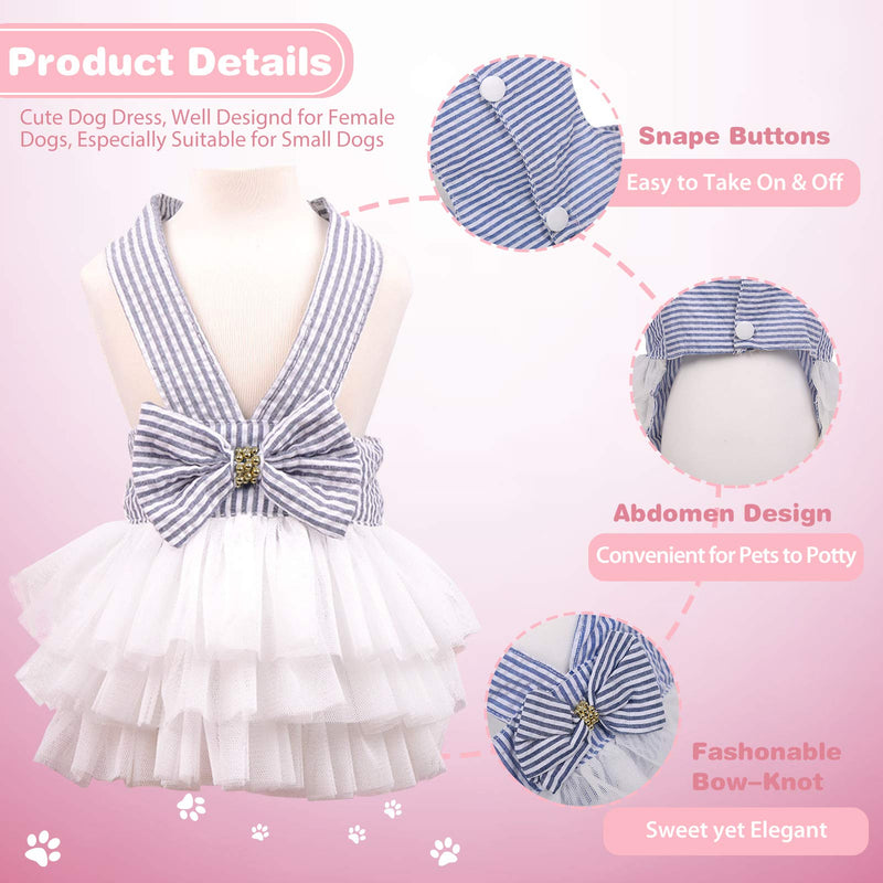 SUNFURA Stripe Dog Dresses, Cute Halter Princess Tutu Dress with Sweetie Bowknot for Small Dogs Cats Pets on Wedding Party Summer Beach, Soft Breathable Puppy Doggie Vest Shirt Apparel (Blue S) Blue - PawsPlanet Australia