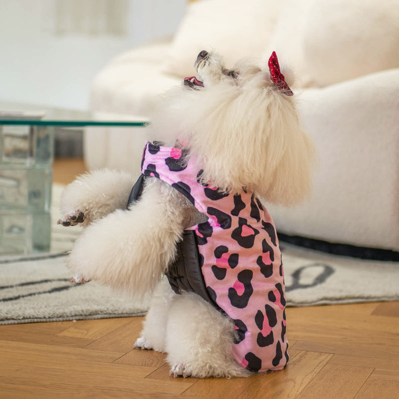 CuteBone Dog Winter Coat Puffer Jacket Windproof Dog Jacket Reversible Dog Vest Thick Padded Lining Pet Apparel for Small Medium Large Dogs with Leash Hole 2-Pink Leopard - PawsPlanet Australia