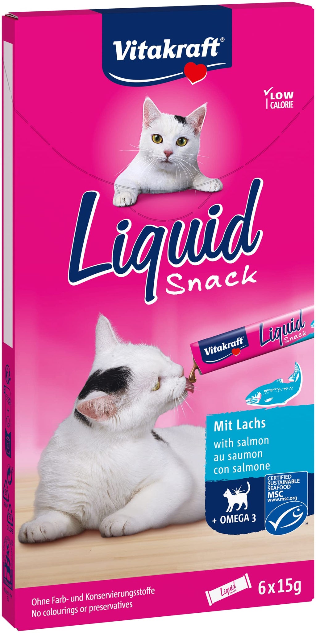 Vitakraft Liquid Snack, liquid cat snack, with MSC salmon, cat treats, with Omega3 fatty acids, for healthy skin, low in calories (1x 6 pieces) - PawsPlanet Australia