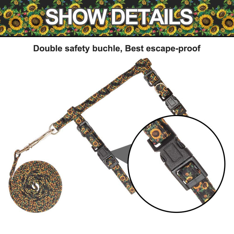 Adjustable Cat Harness and Lead Set - Escape Proof Cat Harness for Outdoor Walking, Safe and Comfortable, Beautiful Sunflower Pattern Printed, Black - PawsPlanet Australia