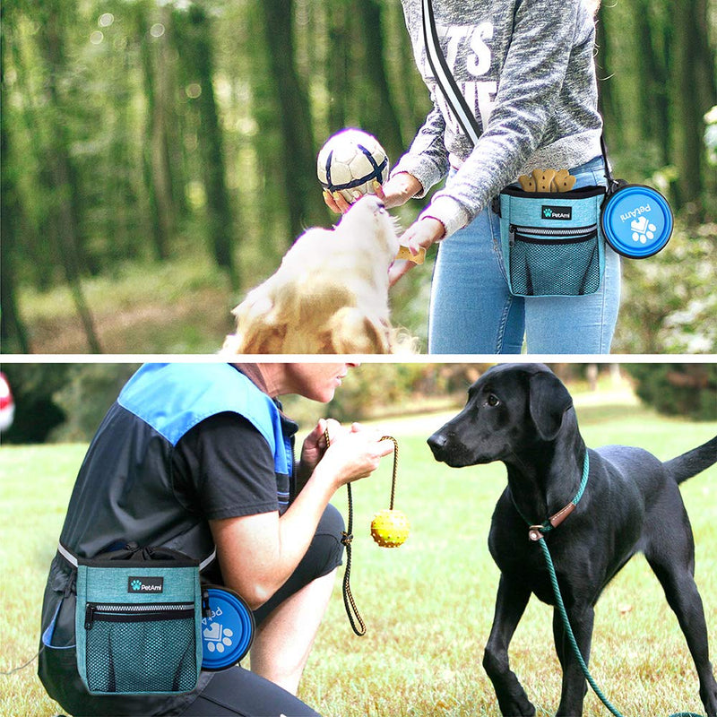 [Australia] - PetAmi Dog Treat Pouch | Dog Training Pouch Bag with Waist Shoulder Strap, Poop Bag Dispenser and Collapsible Bowl | Treat Training Bag for Treats, Kibbles, Pet Toys | 3 Ways to Wear One Size Heather Sea Blue 