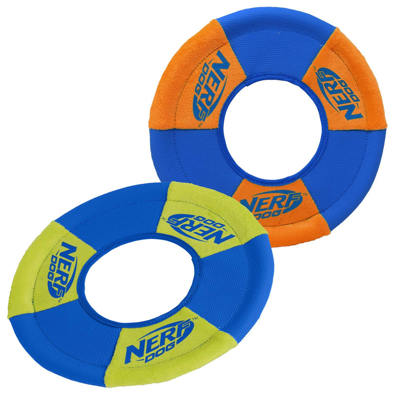 Nerf Dog Toss and Tug Ring Dog Toy, Frisbee, Lightweight, Durable and Water Resistant, 9 Inch Diameter, For Medium/Large Breeds, Two Pack, Green and Orange - PawsPlanet Australia