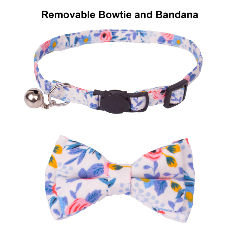 PTDECOR Bow Tie Cat Collar Bandana - 2 Pack Floral Cat Kitten Collar with Bowtie and Bandana Adjustable Cat Bow Tie Collar with Bell for Cat Puppy Blue - PawsPlanet Australia