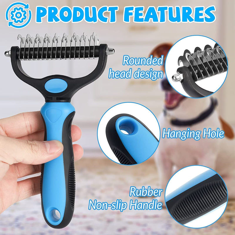 Dog Brush Cat Brush, 2 Sided Undercoat Rake for Cats and Dogs, Safe Hair Removal Comb for Easily Removing Mats and Tangles Blue - PawsPlanet Australia