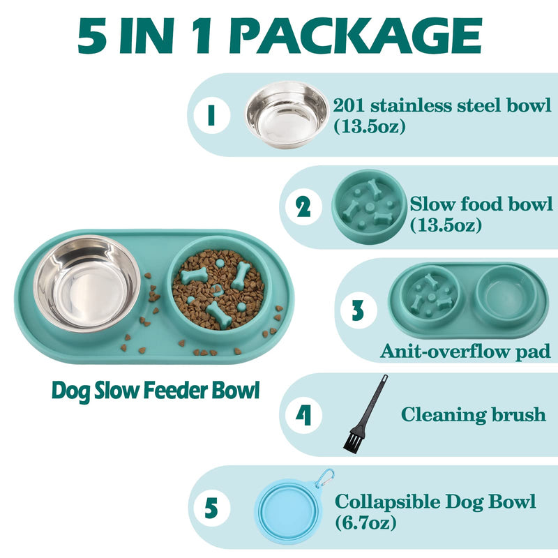 Dog Slow Feeder Bowl, 5-in-1 Dog Food Bowl with A Free Portable Dog Bow, Anti-Overflow Dog Bowl Set to Slow Down Eating, Anti-Gulping Pet Bowl Stop Bloat, Foldable Maze Dog Bowl for Medium Small Dogs Green - PawsPlanet Australia