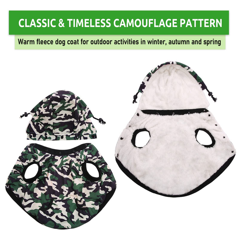 AOFITEE Fleece Dog Hoodie Coat Winter Warm Dog Jacket, Camouflage Print Pet Vest with Detachable Hood, Outdoor Windproof Cold Weather Dog Apparel Camo Padded Clothes for Small Medium Large Dogs Green Camouflage - PawsPlanet Australia