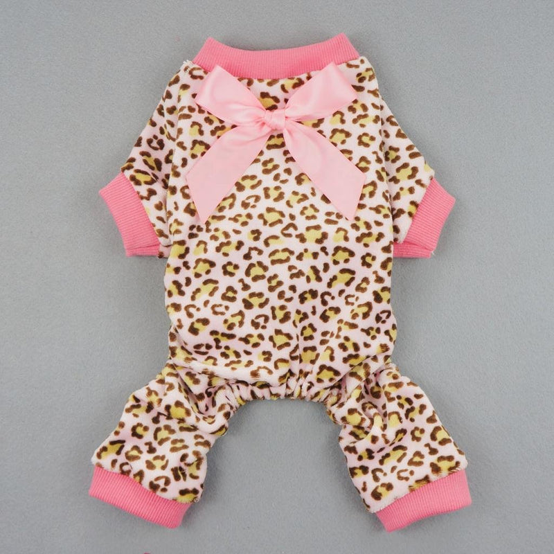 [Australia] - Fitwarm Leopard Print Velvet Pet Dog Jumpsuit with Ribbon X-small (Chest12" Back8") 