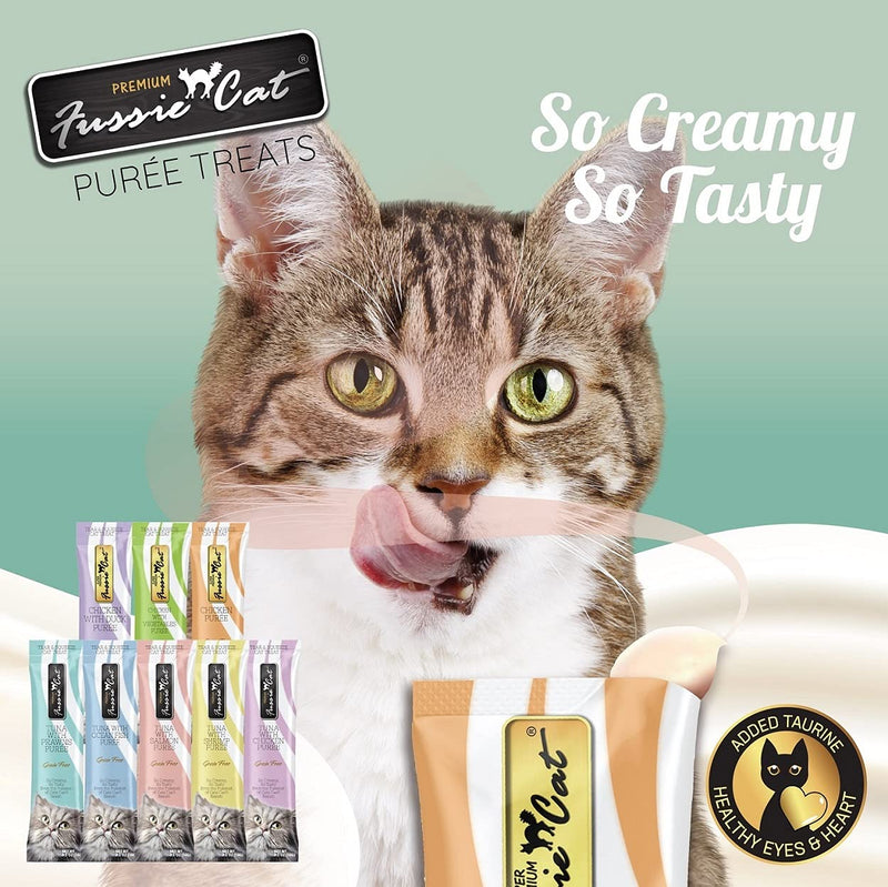 Fussie Cat Puree Grain Free Treat in 3 Flavors: (1) Tuna with Prawns, (1) Chicken with Duck and (1) Chicken (3 Four-Tube Packs, 12 Tubes Total, .5 Ounce per Tube) Plus Silicone Lid - PawsPlanet Australia