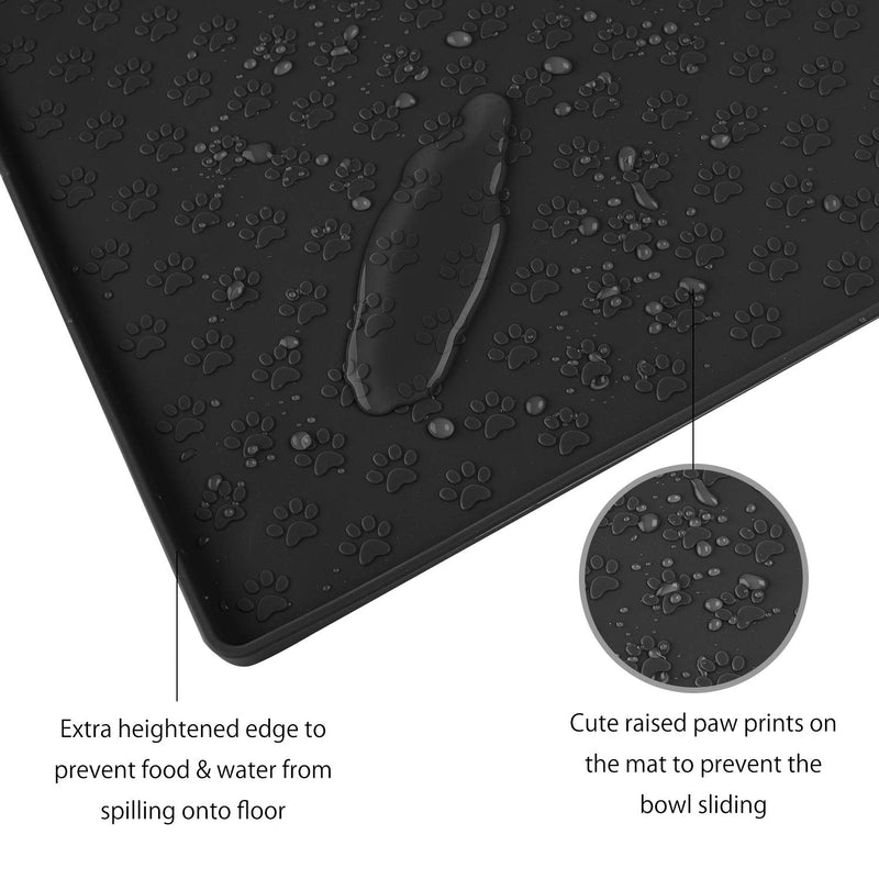 [Australia] - Coomazy Dog & Cat Food Mat, M (19"x12") L (24"x16") Silicone Waterproof Pet Feeding Bowl Dish Placement Tray with Raised Edges to Stop Cat Food Spills and Water Messes Out to Floor 19x12in Black 