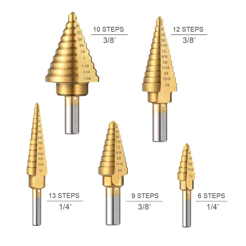 TACKLIFE 5PCS Titanium Step Drill Bit Set & Automatic Center Punch,PDH06A, High Speed Steel Drill Bit Set, 50 Sizes, Double Cutting Blades Design, Aluminum Case - PawsPlanet Australia