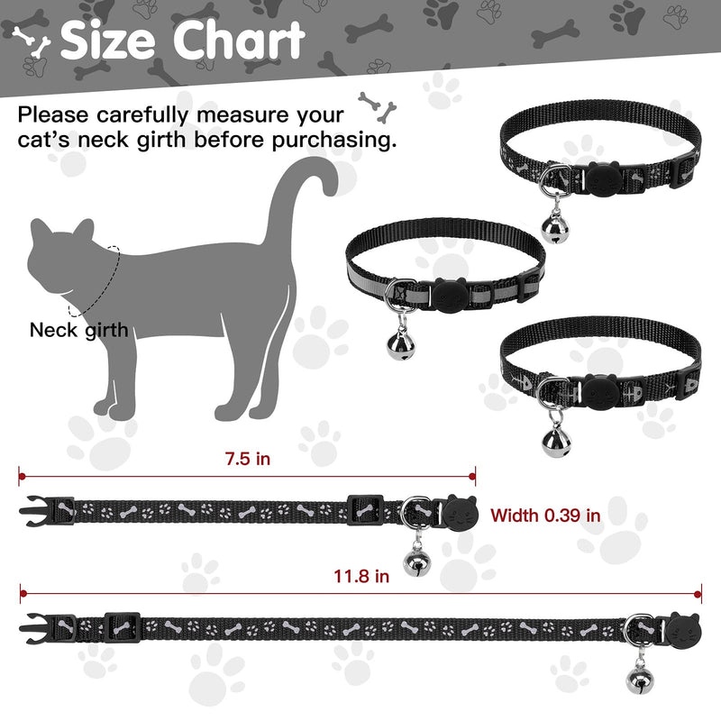 JOYLLYTAIL Reflective Cat Collars Breakaway with Bells - Bones & Footprint Printed Kitty Collars for Kitten Cats Puppy, 3 Pack Black - PawsPlanet Australia