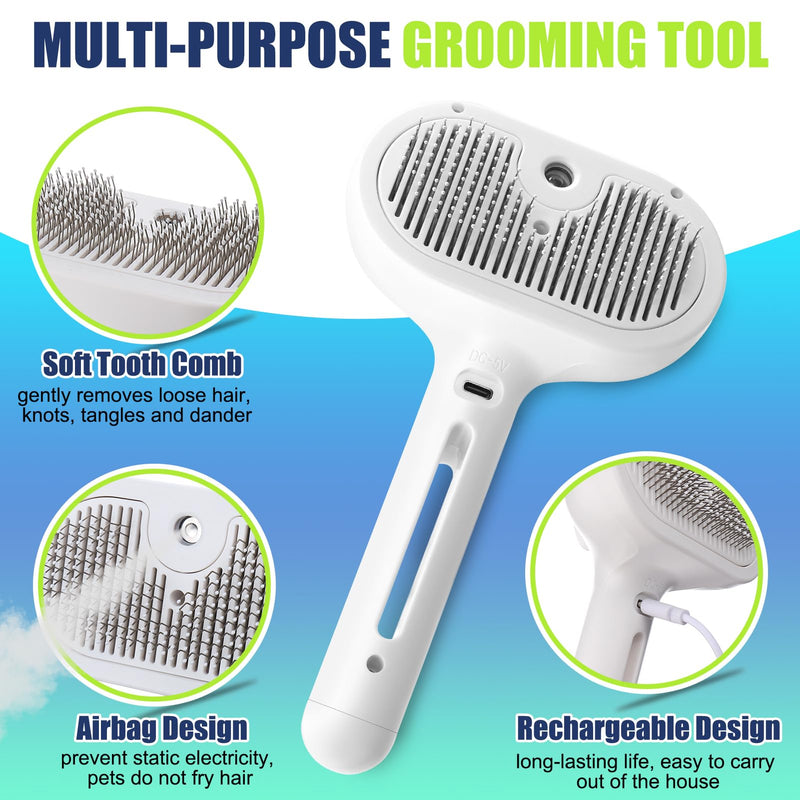 Vodolo Cat Steam Brush,3 in1 Rechargeable Steamy Cat Hair Brush Cleanser Vapor,Self Cleaning Electric Cat Brush Steamer for Long or Short Haired Cats, Cat Grooming Comb with USB Port Release Button Long Handle Cat Steamy Brush - PawsPlanet Australia