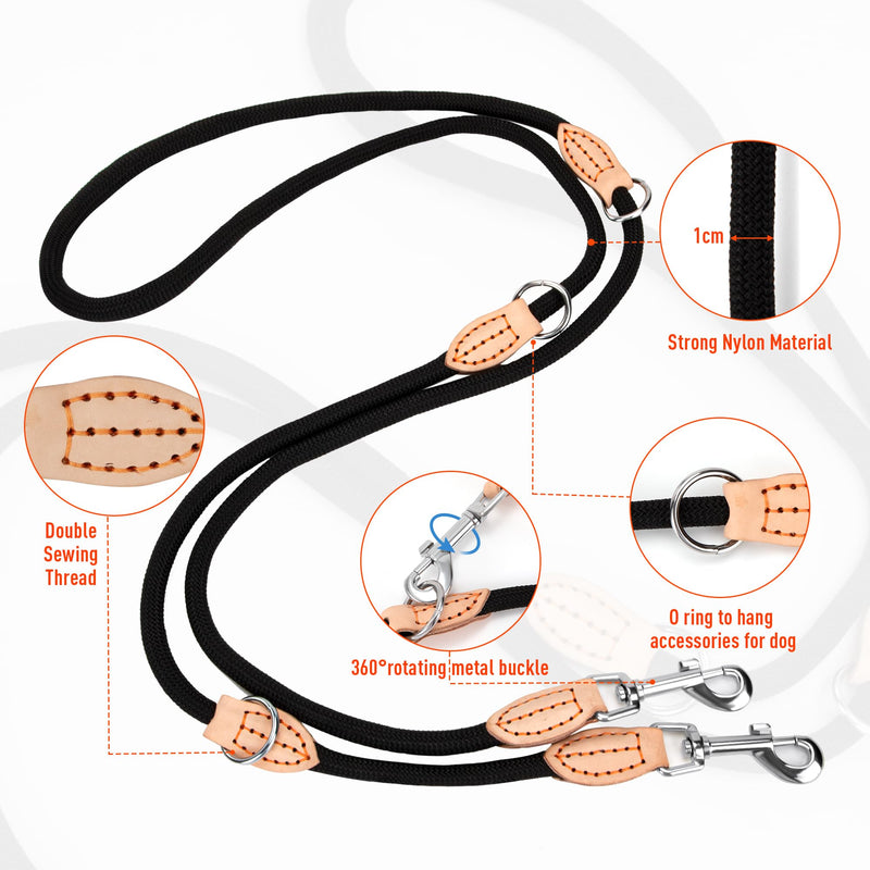 Dog leash 2M adjustable nylon shoulder leash double leash with 2 rotating carabiners 3-way adjustable for small/medium/large dogs - PawsPlanet Australia