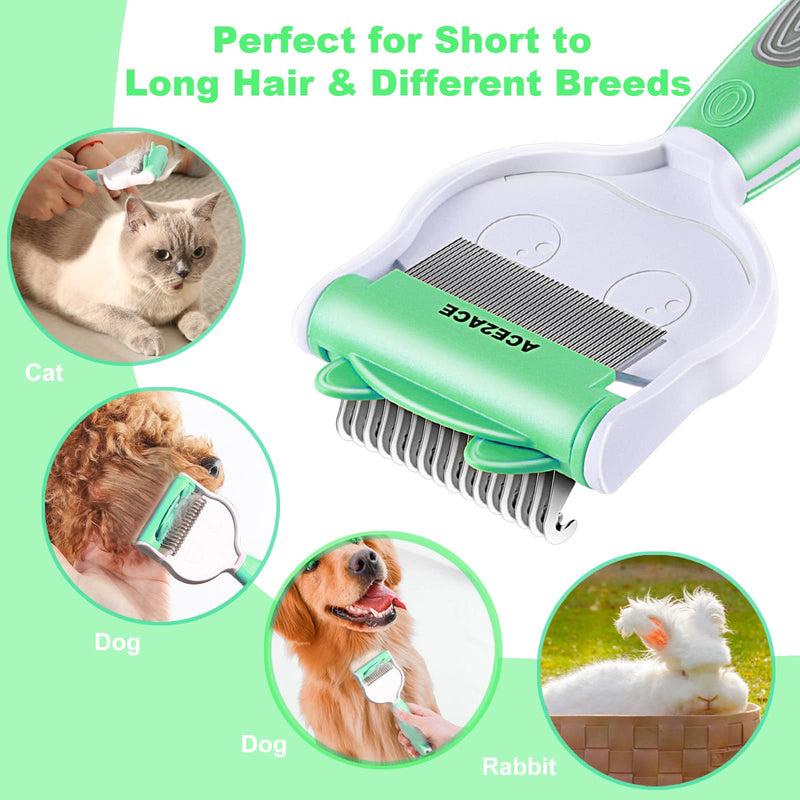 ACE2ACE 2-in-1 cat comb dog brush, pet brushes, cat brush, self-cleaning fur brush cat for long hair and short hair, removes loose undercoat, mats green - PawsPlanet Australia