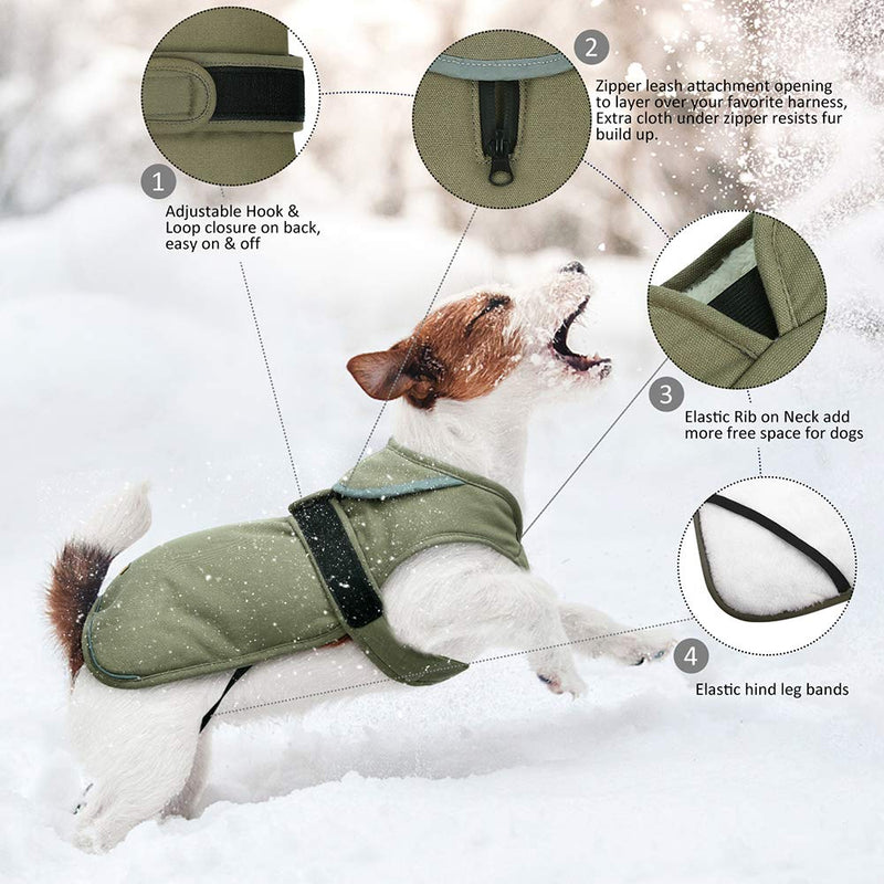 [Australia] - Kuoser Canvas Cold Weather Dog Coat for Winter, Reflective Dog Warm Fleece Jacket Water Repellent Windproof Dog Vest for Small Medium Large Dogs with Zipper Leash Hole XS-3XL XS(Chest:9.8-12.6",Back:8.7") Army Green 