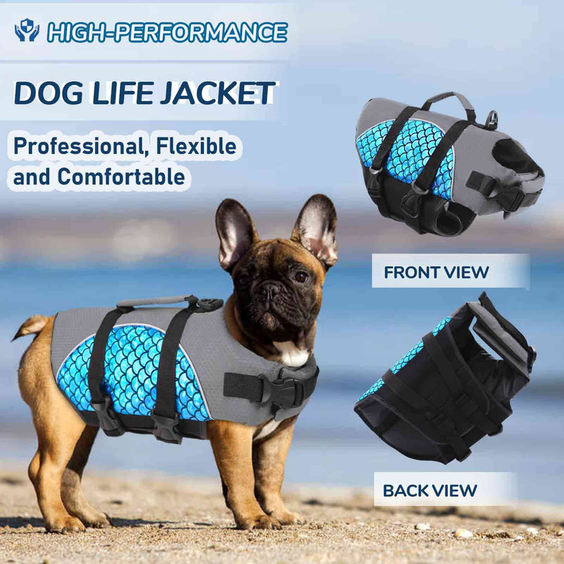 AOFITEE Dog Life Jacket Ripstop Dog Life Vest for Boating Swimming, Reflective Dog Safety Vest with Superior Buoyancy & Rescue Handle, Fish Scales Dog Swimsuit Lifesaver for Small Medium Dogs X-Small Blue - PawsPlanet Australia