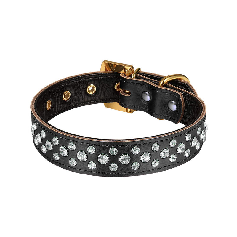 [Australia] - LOVPE 3 Rows Personalized Rhinestone Leather Bling Crystal Dog Collar with Golden Rhinestone Buckle for Small Medium Breeds S(Neck for:11-13 Inch) Black 