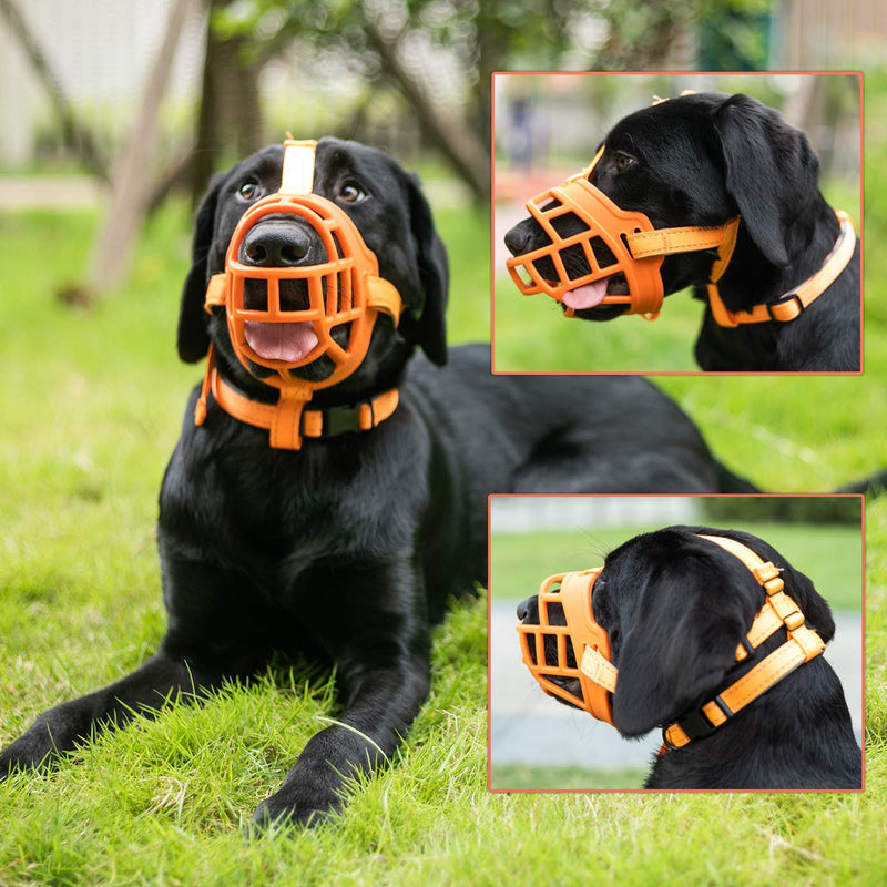 BARKLESS Dog Muzzle, Soft Silicone Basket Muzzle for Dogs, Allows Panting and Drinking, Prevents Unwanted Barking Biting and Chewing, Included Collar and Training Guide 5 (Snout 13.5-14.5") Orange - PawsPlanet Australia