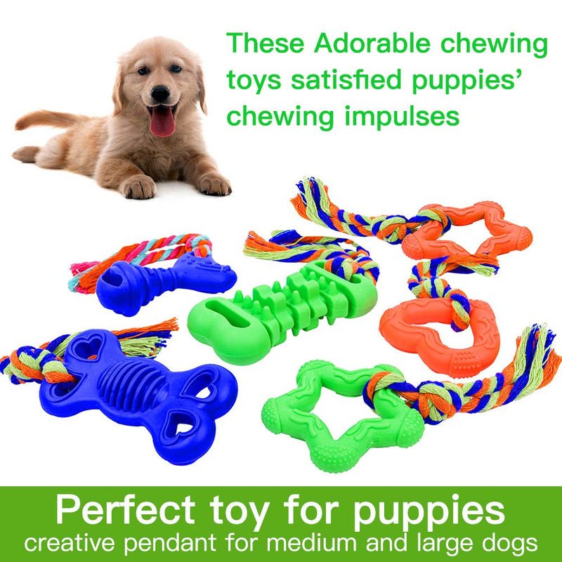 [Australia] - PUPTECK Puppy and Small Dog Chew Toys with Soft Rope - 6 Pack Safe Natural Rubber Toys for Teething Cleaning, Interactive Outdoor Game, Cute and Durable, Orange Green Blue 