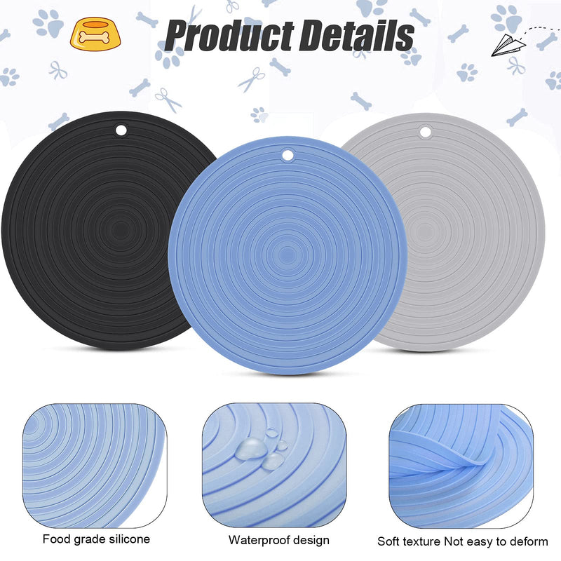 3 Pieces Silicone Pet Food Mat Pet Feeding Mat for Dog and Cat Food Bowl Place-mat Preventing Food and Water Overflow Suitable for Medium and Small Pet 7.1 Inch Blue, Gray, Black - PawsPlanet Australia