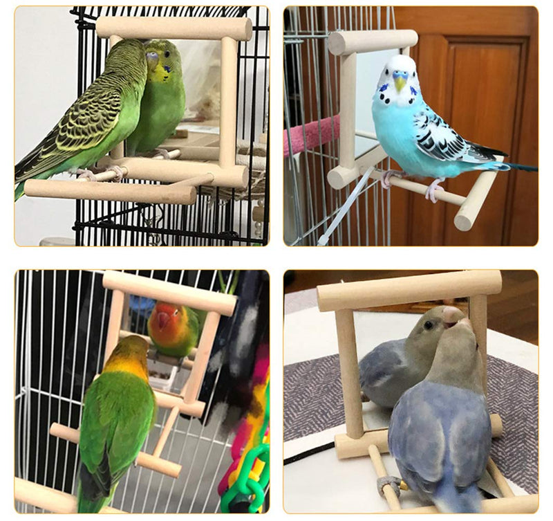 [Australia] - Blessed family Birds Toy for Cage,Parrot Hanging Swing with Mirror,Natural Wooden Play Toys, Pet Bird Cage Accessories with Metal Hook Wood 