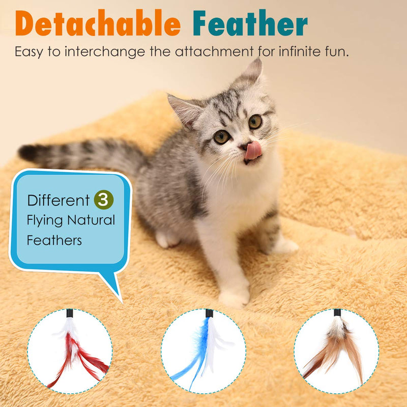 [Australia] - VavoPaw Cat Teaser Play Wand, Retractable Interactive Cat Toys Rod, One-Button for Automatic Rise & Fall, Funny Cat Kitty Kitten Play Wand Toys with 3 Different Flying Natural Feathers Bells 