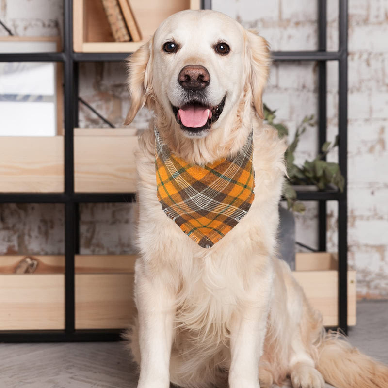 Dog Bandana Plaid Bandana - Washable Replaceable Scarf Soft Pet Square Tassels Brown and Orange Autumn Triangle Bids - PawsPlanet Australia