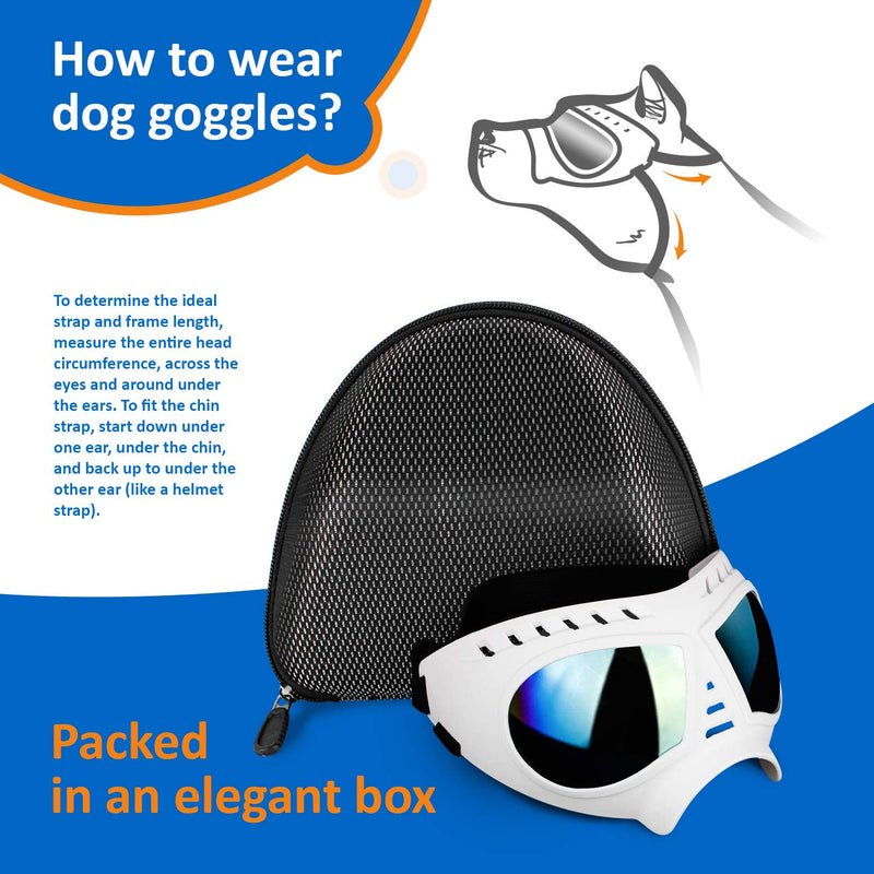 Petriz Dog Goggles - Large Breed UV Protection Waterproof Snow Proof Windproof Dustproof Eye Protection Sunglasses for Dogs Large White Dog Glasses - PawsPlanet Australia