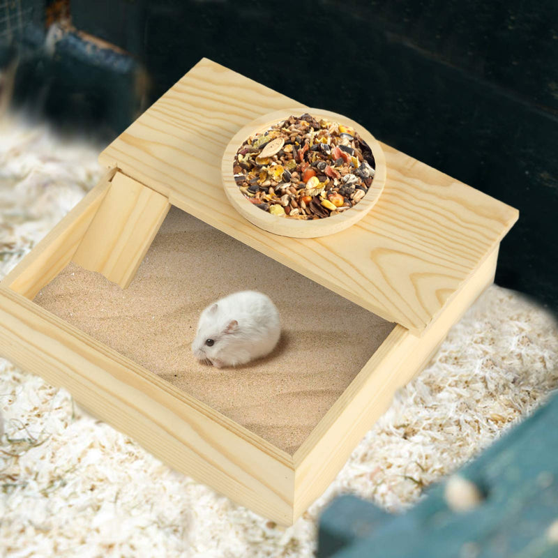 Wooden Small Pets Sand Bath Box with Tiny Pet Bowl- 7.7" x 7.7" Assemble Hamsters Shower & Digging Sand Bathtub with Stairs Rat Hideout Sand Bath Container for Lemming Chinchilla Gerbil Little Animal - PawsPlanet Australia