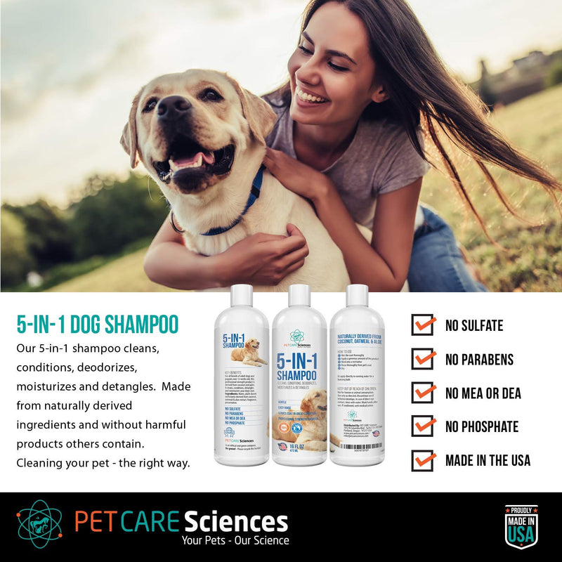 [Australia] - PET CARE Sciences Dog Shampoo, Naturally Derived Dog and Puppy Shampoo and Conditioner, 5 in 1 Formula with Coconut, Aloe and Oatmeal, Tear Free Dog Shampoo for Sensitive Skin, Made in The USA 16 Fl Oz 