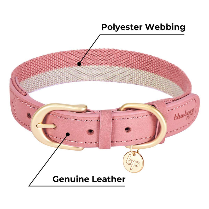 [Australia] - Blueberry Pet 11 Patterns Vintage Polyester Webbing & Genuine Leather Combo Dog Collars Leashes Collar - 1" Wide * (18"-22") Neck Pink & Grey 