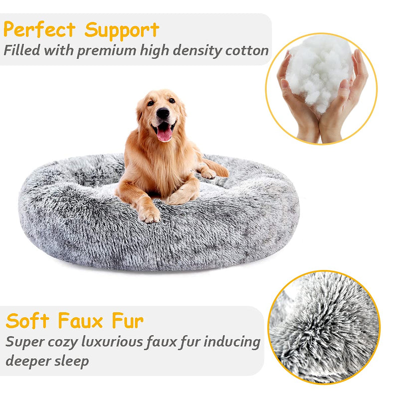 Calming Dog Bed&Cat Bed,Anti-Anxiety Donut Pet Cuddler Bed，Fluffy Faux Fur Puppy Bed, Soft Round Plush Sofa for Dogs,Removable Inner Cushion,Washable Non-Slip Bottom Grey S 20"x20" Small 20"x20"x8" - PawsPlanet Australia