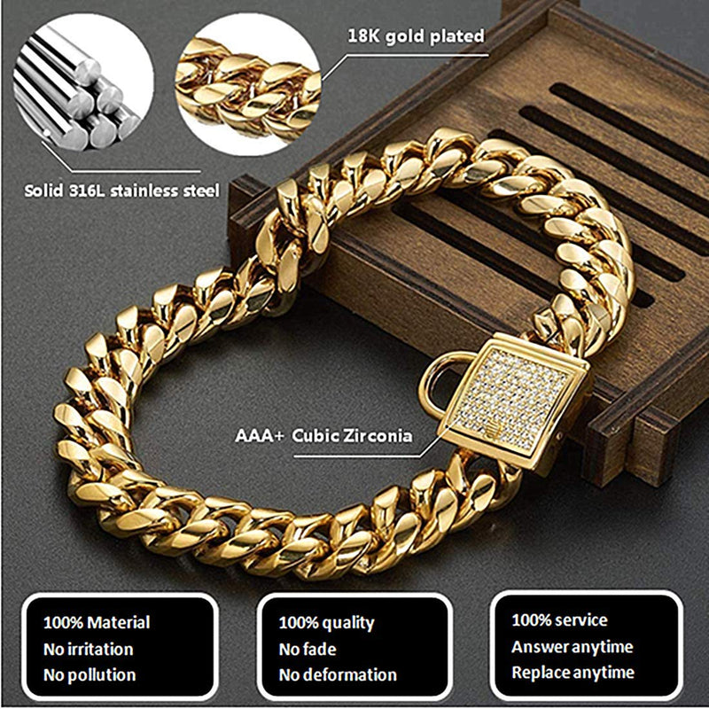 [Australia] - Aiyidi Dog Chain Collar Stainless Steel 18K Gold Dog Chain Collar with Zirconia Lock Luxury Dog Necklace 14MM Heavy Duty Choke Collar Cuban Chain Chew Proof Collar for Small Medium Large Dogs 12 inches (for 9.1~11'' dog's neck) 