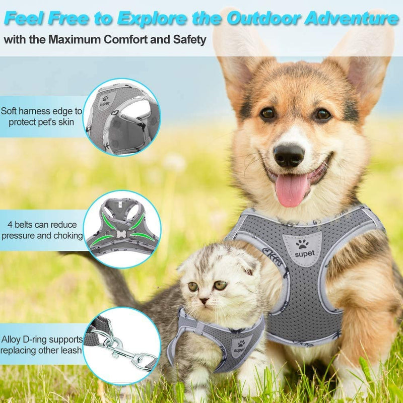 Supet Cat Harness and Leash Set for Walking Escape Proof with 2-in-1 Leash and Car Seat Belt Adjustable Harness for Cats Soft Mesh Cat Vest with Reflective Strap for Kitten Rabbit Puppy X-Small (Chest: 10" - 12") Gray 01 - PawsPlanet Australia