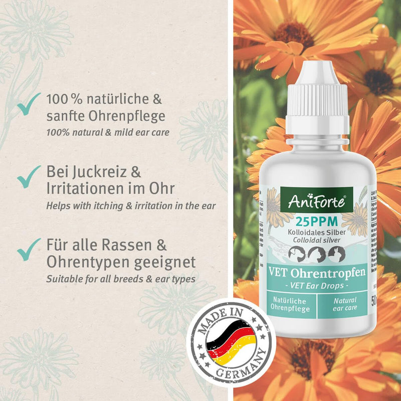 AniForte ear drops with colloidal silver 25ppm & marigold 50ml | For dogs, cats & small animals I For ear infections, itching I Ear care, ear hygiene, healthy ears - PawsPlanet Australia