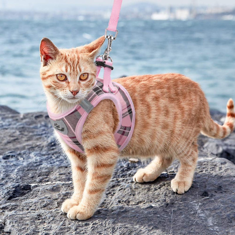 PUPTECK Escape Proof Cat Harness and Leash Set for Medium and Large Kitten Kitties with Classic Plaid Pattern, Breathable and Soft for Outdoor Walking Adjustable Chest Strap, Pink M: Chest: 13-15" - PawsPlanet Australia