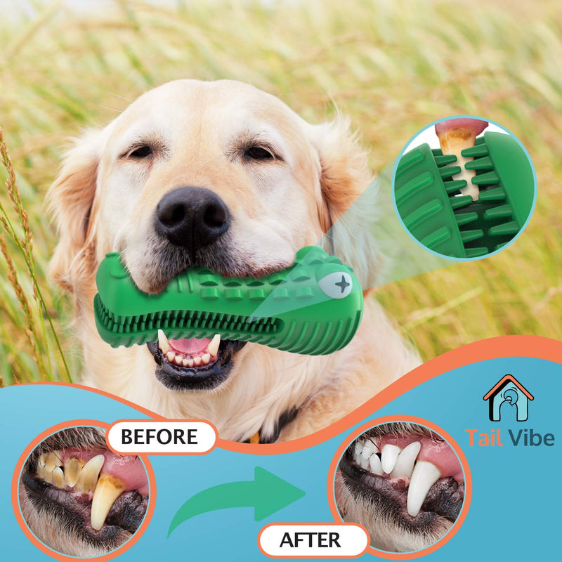 [Australia] - Tail Vibe Dog Chew Toy for Medium & Large Dogs - 2-in-1 Durable Dog Toy for Aggressive Chewers & Teeth Cleaner, 100% Natural Rubber, Puppy Squeaky Interactive Toy & Dental Care with Cleaning Brush 