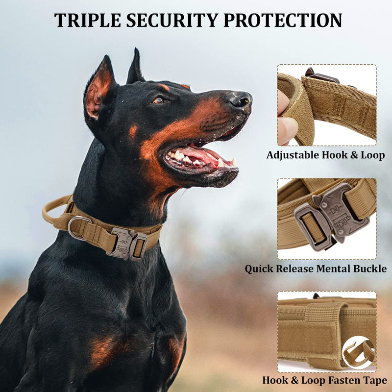 Tactical Dog Collar, Adjustable Collar with Control Handle, Soft Padded Nylon Dog Collar with Robust Metal Buckle for Medium Large Dogs M Brown - PawsPlanet Australia