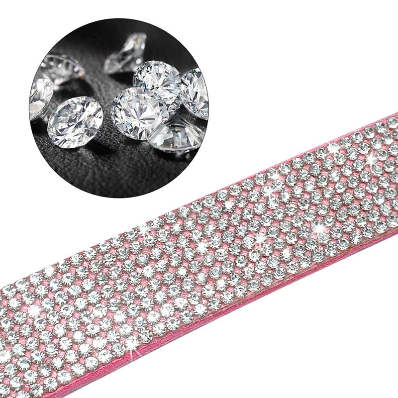 TELEYI Rhinestone Bling Leather Dog Cat Collar & Leash Set Crystal Diamonds Studded Cute Bowknot Puppy Small Dogs Collar Puppy Leash XXS Pink - PawsPlanet Australia