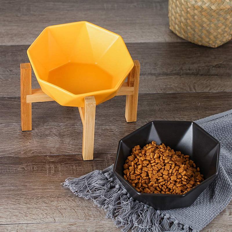 HCHLQLZ Black with stand Ceramic Tilted Elevated Raised Pet Bowl with bamboo Stand for Cats and Dogs No Spill Pet Food Water Feeder - PawsPlanet Australia