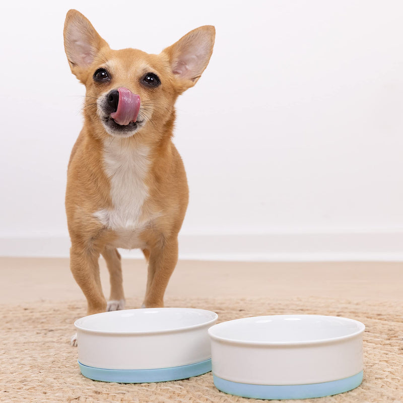 Navaris Porcelain Cat Bowls (Set of 2) - 15cm Food and Water Bowl Dishes for Pet Cats and More - With Non-Slip Silicone Bottom - Blue Paw Design - PawsPlanet Australia