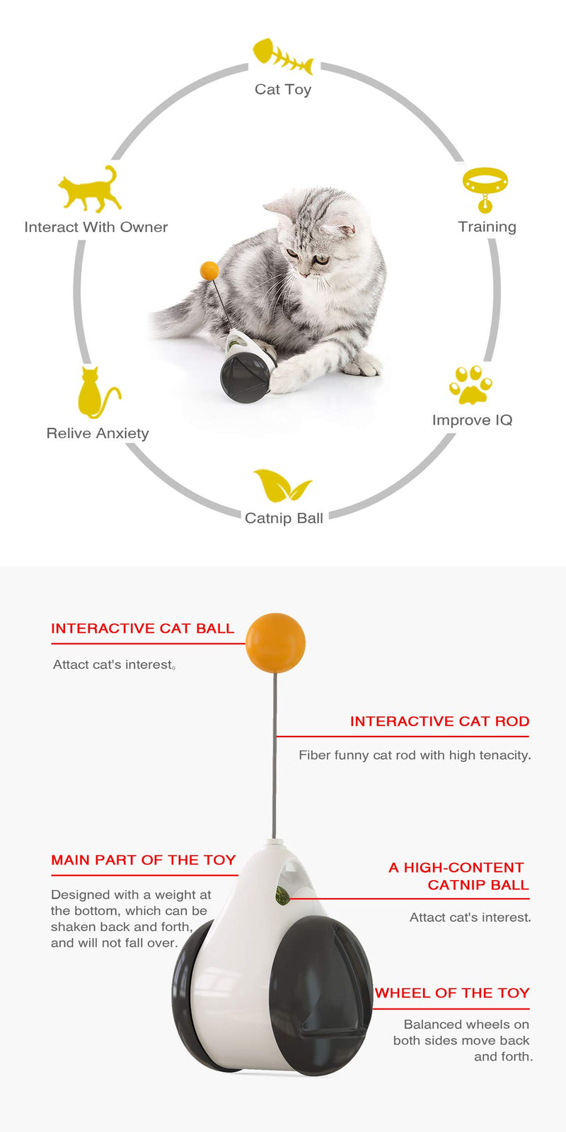 USWT Cat Toys Kitten Toy Cats Supplies Interactive Automatic No-Electronic Move Indoor Cats with Catnip Ball Kittens Teaser Stick  Ball Pet Exercise - PawsPlanet Australia
