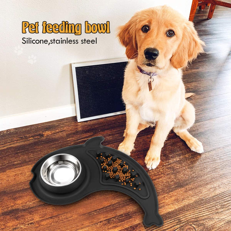 [Australia] - POPETPOP Slow Feeder Dog Bowl - Stainless Steel Pet Bowl with No-Slip Silicone Mat, Slow Feeding and Pet Water Bowl Set for Dogs Cats and Pets 