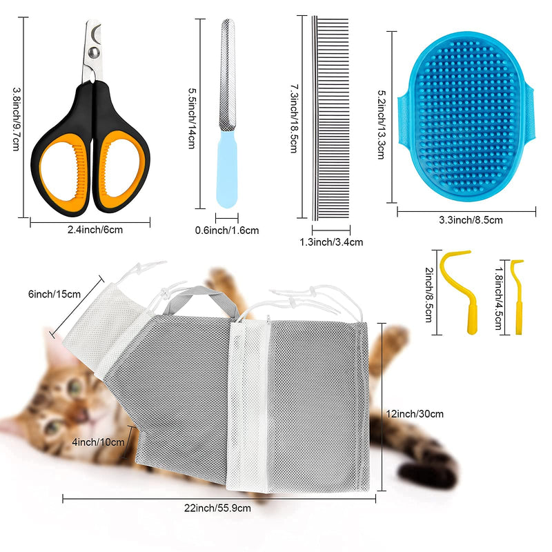 Cat Bag for Bathing 8 PCS Set with Cat Shower Net Bag Adjustable Pet Grooming Brush Nail Clipper Nail File Hair Combs Tick Tool Nail Caps, Nail Trimming Bath Cleaning Supplies Kit for Cats & Dogs Grey - PawsPlanet Australia